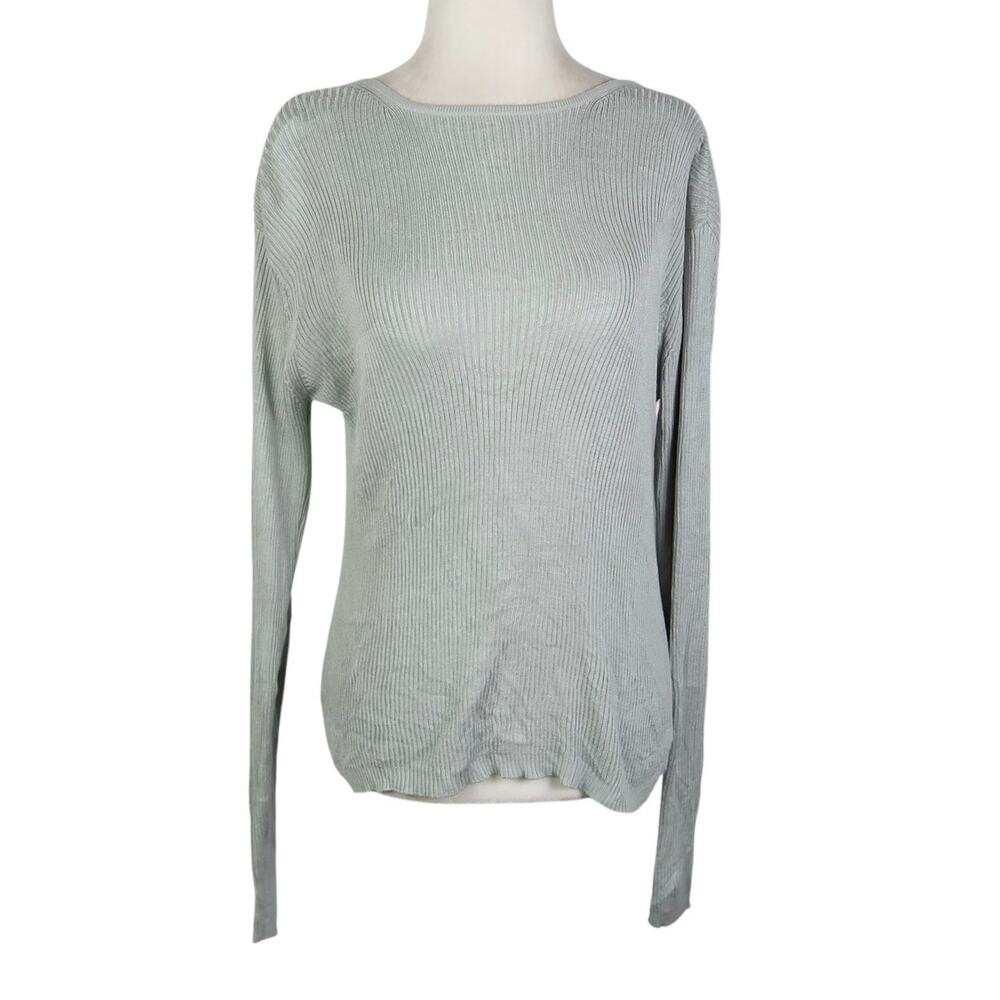 Vintage 90s Liz Claiborne Light Grey Rib Knit Silk Sweater L